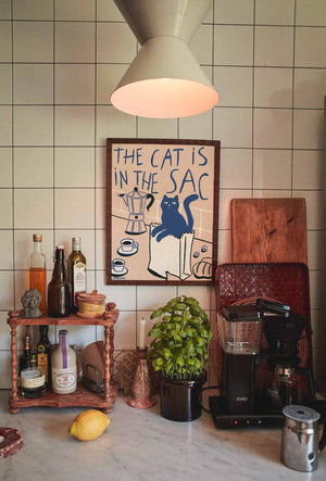 The cat is in the sac
